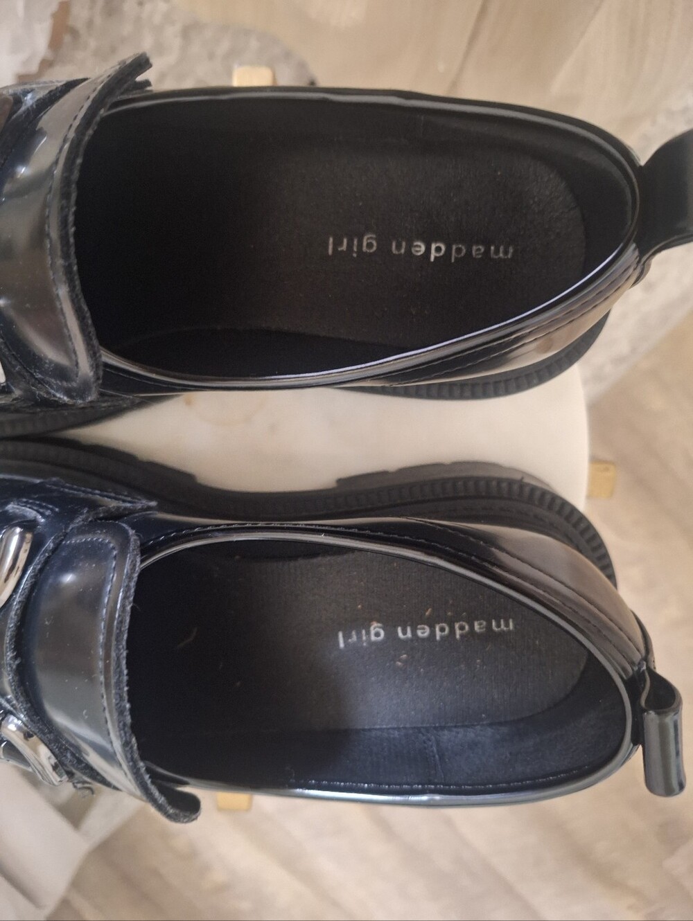 Madden Girl Black Patent Loafers with Dark Silver Horsebit Hardware - Picture 7 of 8